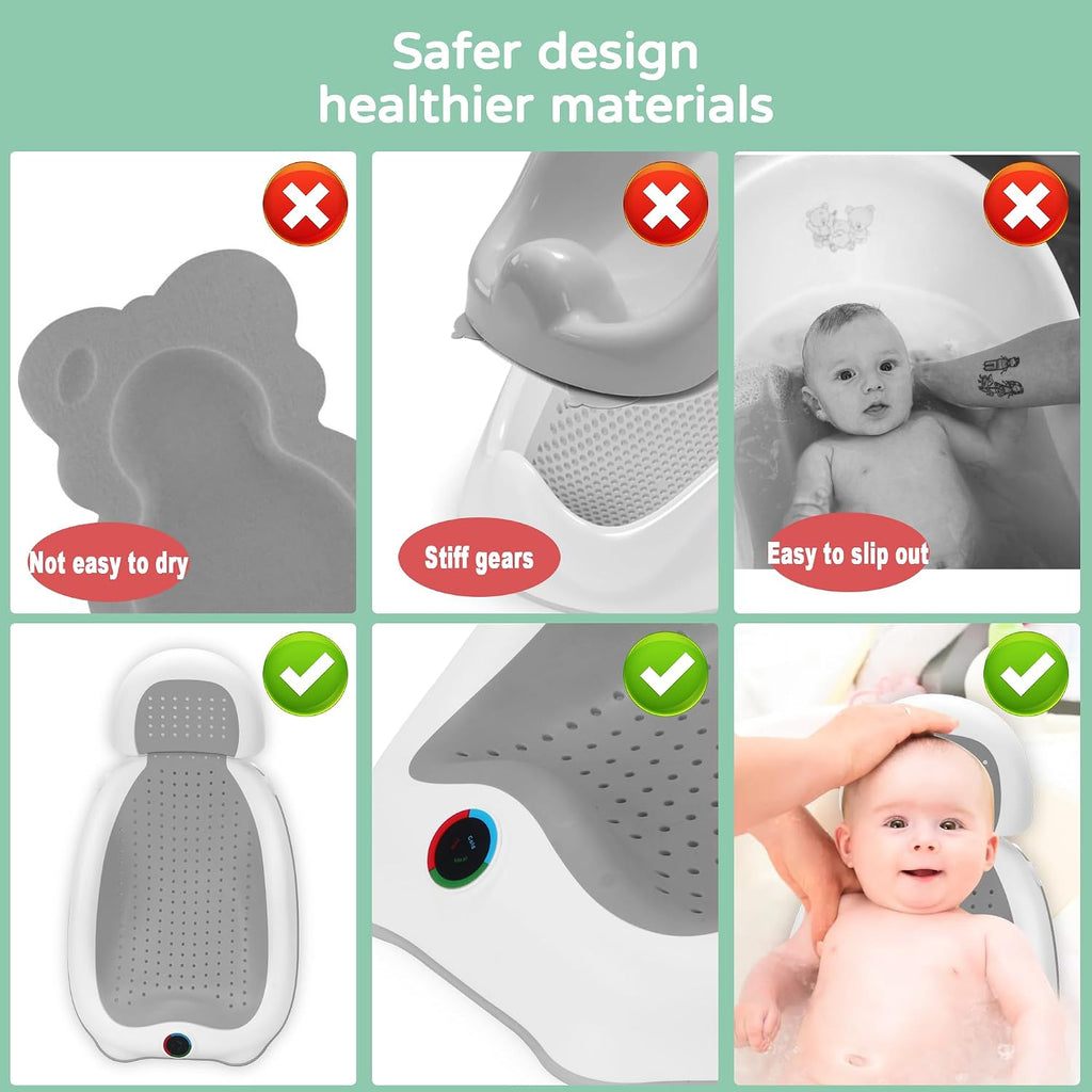 Ultimate Baby Bath Support: Safe, Comfortable & Adjustable Newborn Bathtub with Thermometer - Perfect for Babies Under 6 Months (Gray)