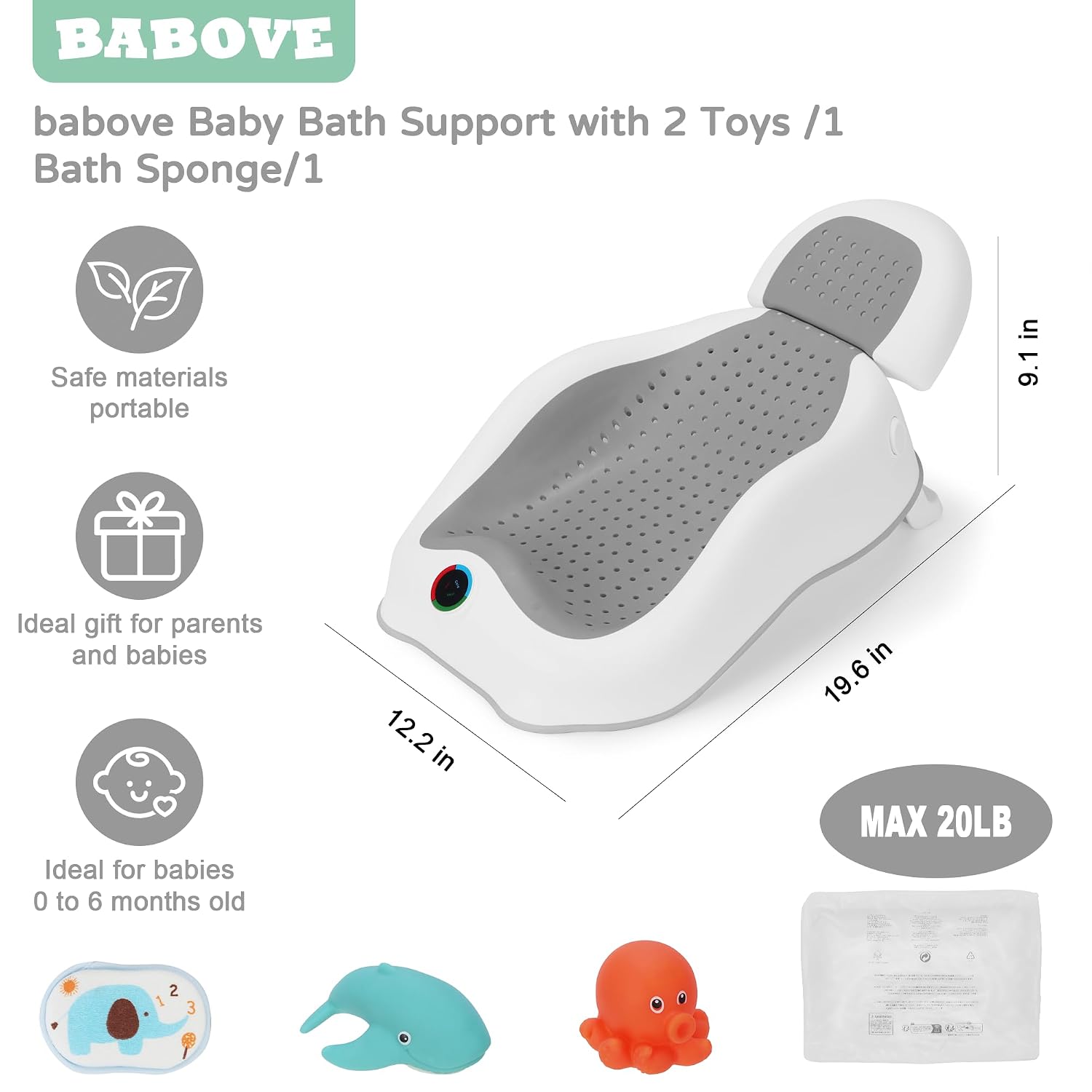 Ultimate Baby Bath Support: Safe, Comfortable & Adjustable Newborn Bathtub with Thermometer - Perfect for Babies Under 6 Months (Gray)